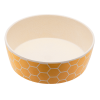 A pet bowl in yellow with a geometric design.