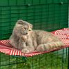 Cat laying down cleaning paw on Red Outdoor Waterproof Cat Shelf in Catio