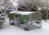 Green Eglu Cube and run in the garden covered in snow