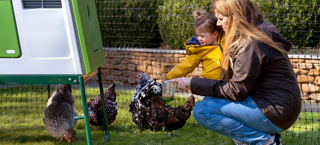 Mother and daughter spending time with their chickens next to the Eglu Cube Chicken Coop