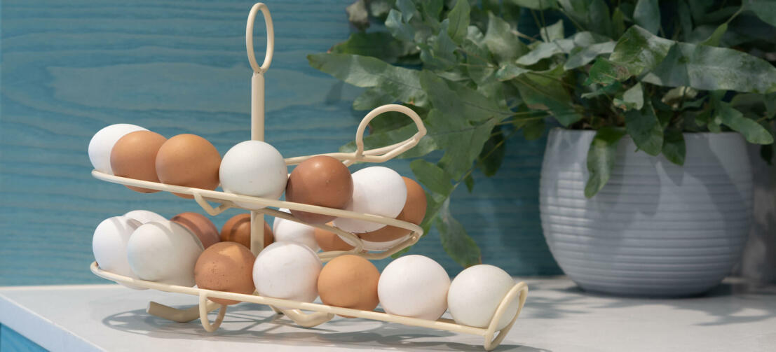 A Cream Omlet Egg Skelter full of fresh eggs in a kitchen