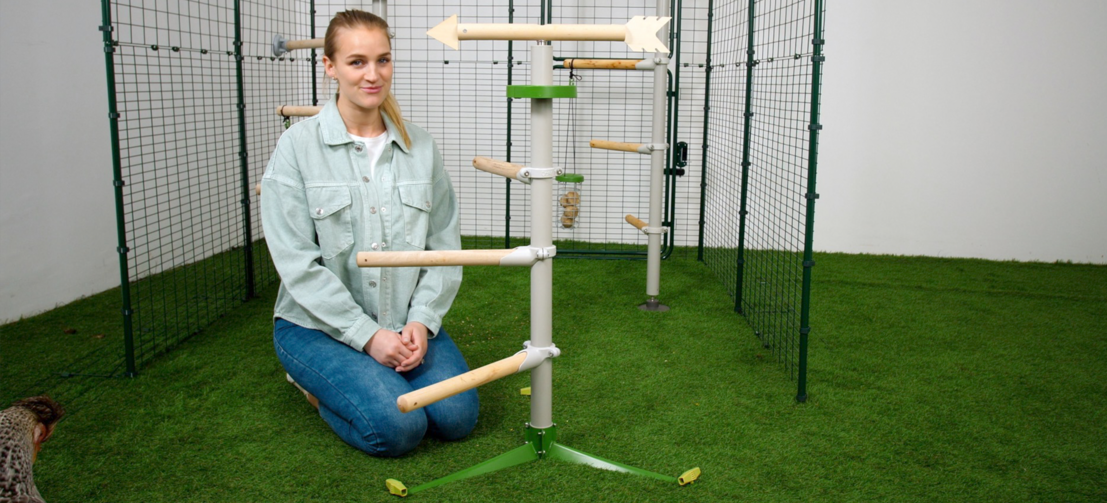 girl next to a universal chicken perch