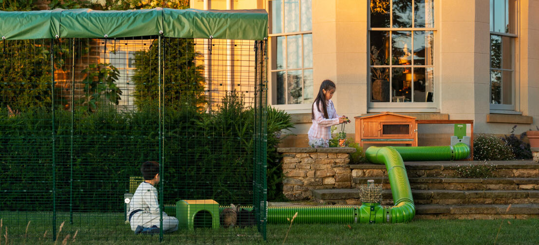 Two children playing with their rabbits in front of sunset lit building.