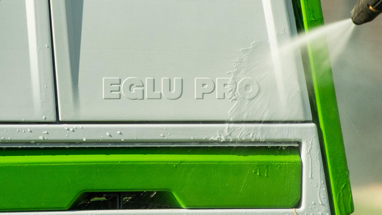 Eglu Pro can easily be cleaned with a quick jet wash.