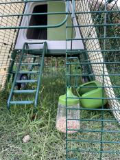 Caddi treat holder hanging inside Eglu Go UP chicken coop run.