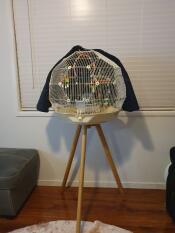 geo budgie bird cage in a living room with a navy cover on it and toys inside