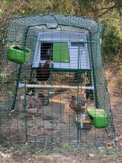 for chickens in a cube chicken coop with a run attached and feeders attached