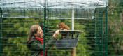 Owner interacting with her cat inside the Catio outdoor cat run