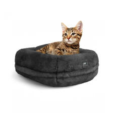 Luxurious super soft Maya Donut Cat Bed in Earl Grey colour with cat sitting on it