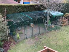 a large walk in run setup in a garden for chickens