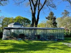Large rabbit enclosure with extensions in a garden