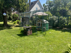 A large catio enclosure set up in a garden.