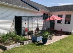 A catio installed on a patio, against the wall of a house