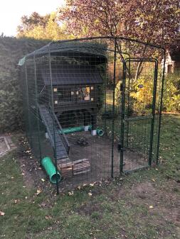 a large walk in run with a wooden chicken coop inside it