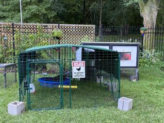 An Omlet chicken run attached to a coop.