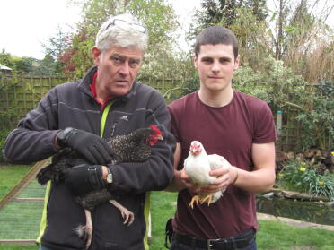 Maran and Colombian Wyandotte Chickens held by 2 men