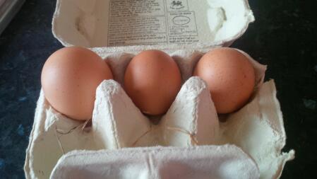 Three eggs in an egg box - one is a double yolker.