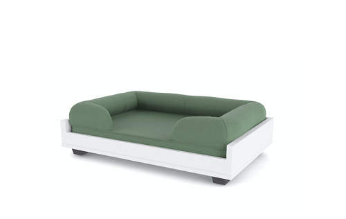 The Omlet green bolster bed with raised dog bed platform.