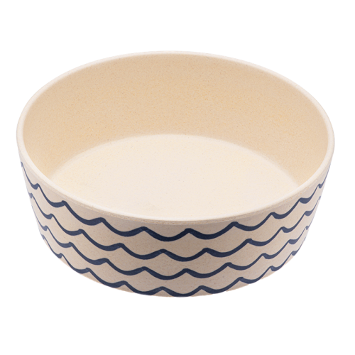 A pretty pet bowl with a blue wave design.