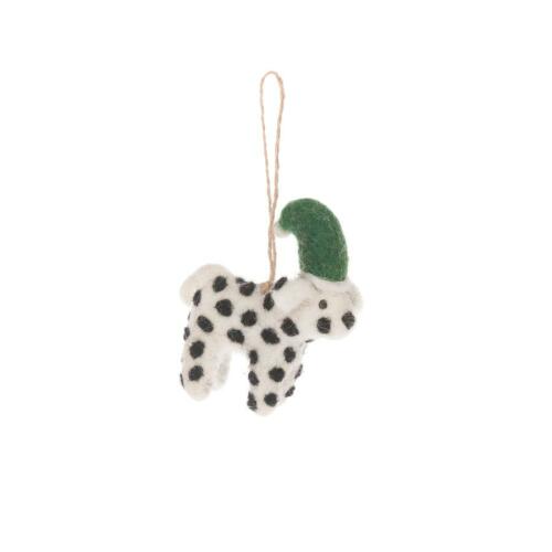 Dalmatian dog Christmas tree decoration with an elf hat