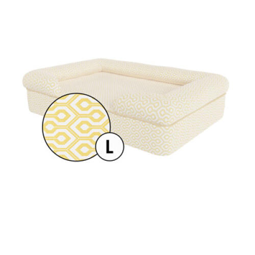 Large bolster dog bed cover in Honeycomb Pollen print by Omlet.