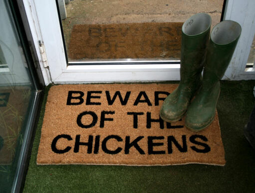 Beware of the chickens doormat with wellies on top