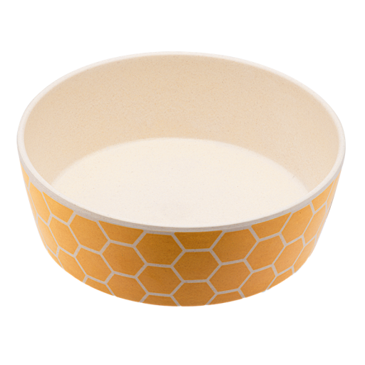 A pet bowl in yellow with a geometric design.