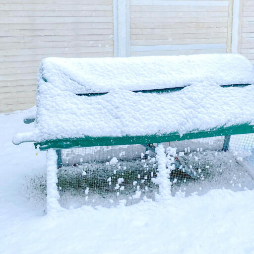 The boughton chicken coop with a cover on it - in the snow.