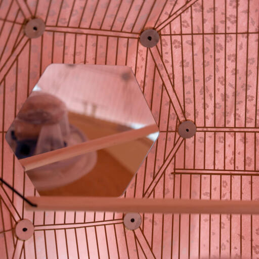 a mirror inside a bird cage with a pink cover over it