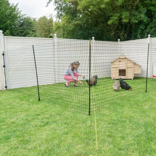 A woman in a garden which chickens inside a fenced off area.
