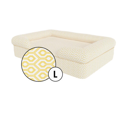 Large bolster dog bed cover in Honeycomb Pollen print by Omlet.