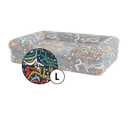 Large bolster dog bed cover in Zoomies print by Omlet.