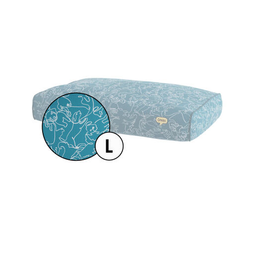 Large cushion dog bed cover in teal Doodle Dog print by Omlet.