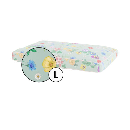 Large cushion dog bed cover in Gardenia Sage print by Omlet.