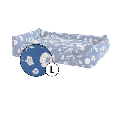 Medium nest dog bed cover in blue floral Gardenia Porcelain print by Omlet.