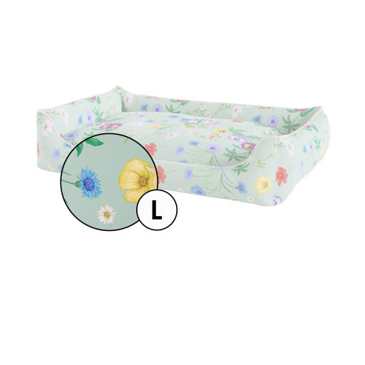 Large nest dog bed cover in Gardenia Sage print by Omlet.