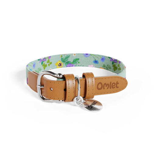 Medium Dog Collar in green and multicoloured floral Gardenia Sage print by Omlet.