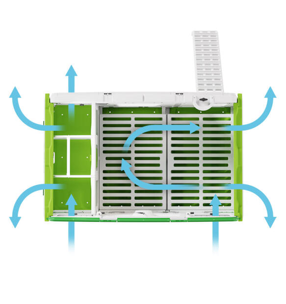 Diagram showing air flow and ventilation for insulated Eglu Pro chicken coop.