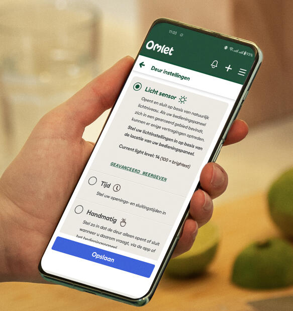 omlet app screen on a phone showing status of automatic door