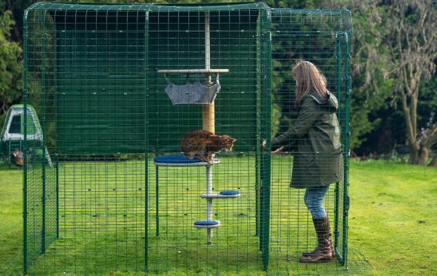 Owner opening the door of her customisable Outdoor Cat Run.