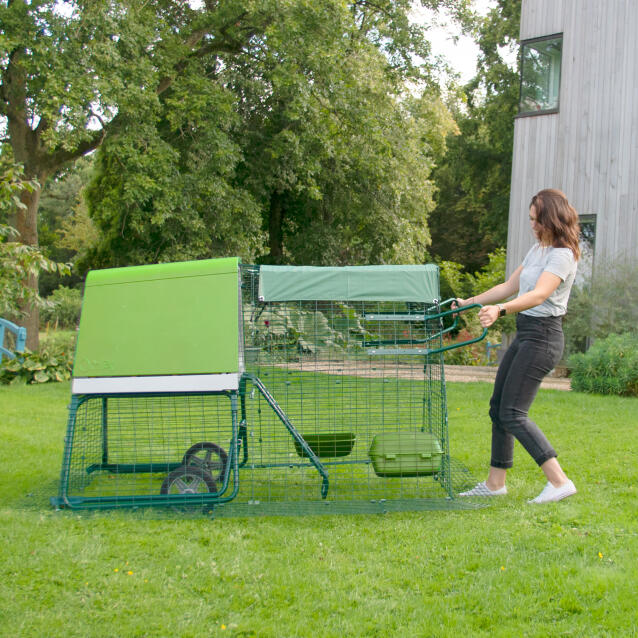 A woman moving an Eglu Go Up chicken coop