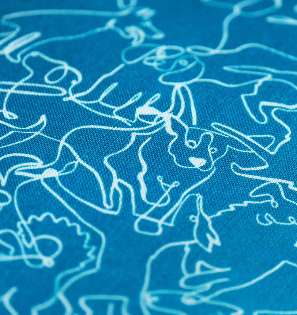 Closeup of hand drawn blue dog bed
