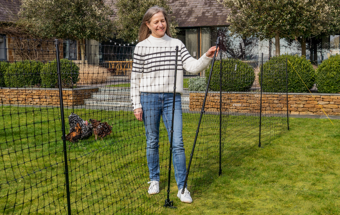 Chicken fencing in garden with woman closing the inbuilt gate