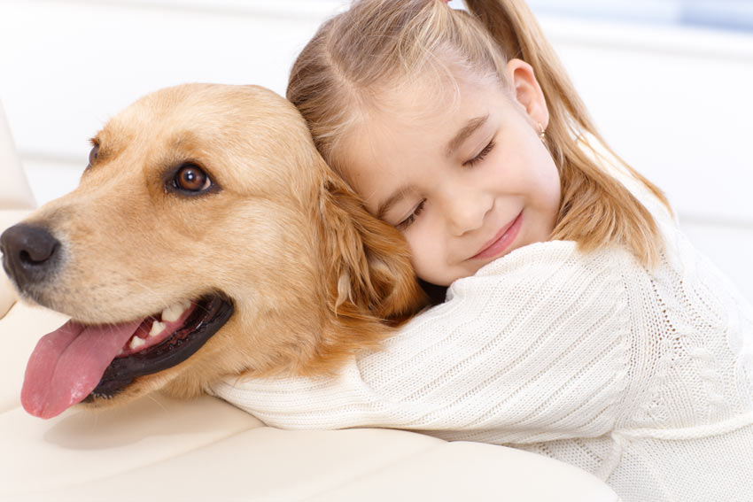 A little girl hugging her Golden Retriever