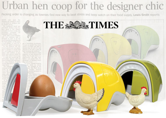 Eglu egg cups with The Times newspaper article in background