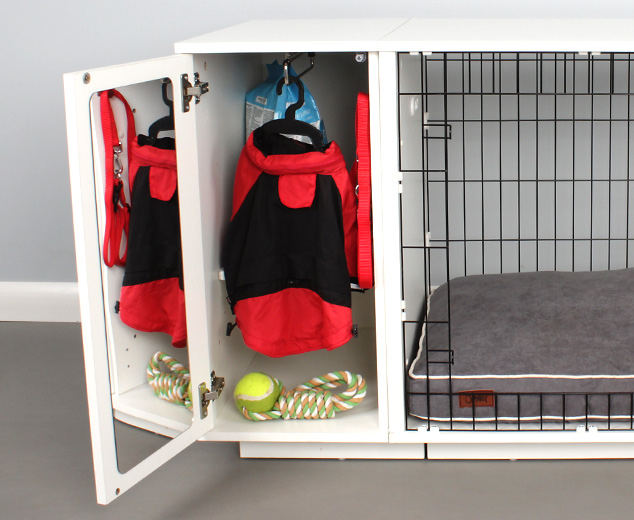 The handy wardrobe keeps all of your dogs things tidy and accessible