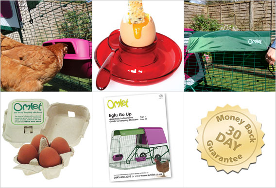 Feeder, Drinker, All Weather Shade, Omlet egg boxes, Omlet guide on chicken keeping, 30 day money back guarantee.