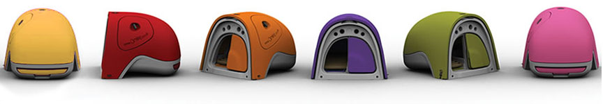 The different colours of the Eglu Classic (Green, Pink, Orange, Purple, Red, Yellow).
