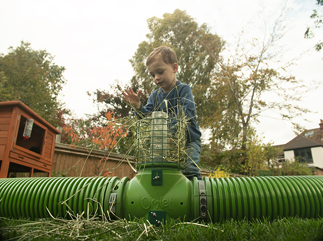 kid adding hay to a large hay rack attached to a guinea pig tunnel burrow