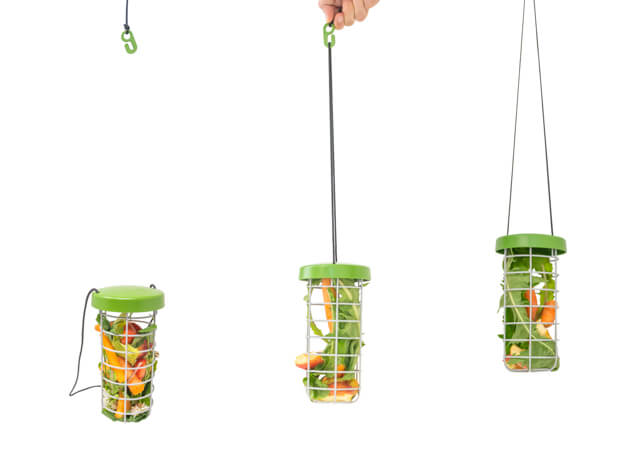 Three images of the Caddi rabbit feeder, the first of which is detached from the plastic hook, the second is being attached to the hook with the nylon string and the third Caddi is hanging from the hook